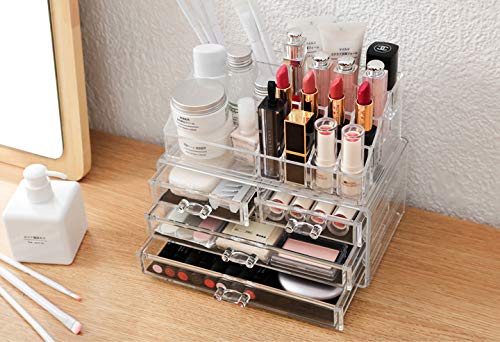 Sooyee Stackable Clear Makeup Organizer, 4 Pieces Acrylic Jewelry and Cosmetic Storage Display Boxes with 10 Drawers 8 Tier