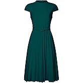 Hobemty Women's Pleated Dress Mock Neck Cap Sleeve Belted A-Line Dresses