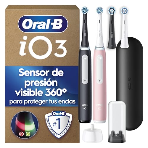 iO 3 Cepillos de Dientes Eléctricos, Negro y Rosa, Pack de 2, 4 Cabezales - Cepillo Dental con 3 Modos de Cepillado, Sensor de Presión Y Temporizador, Estuche de Viaje, Soporte para Cabezal
