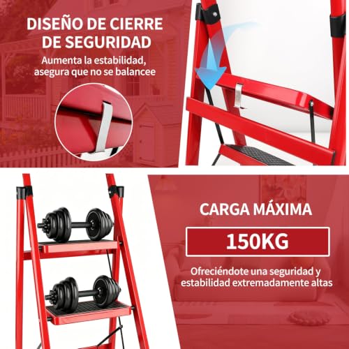 Escalera Plegable para Casa,Escalera Plegable de 3 Peldaños,Diseño de Cierre de Seguridad,Patas y Pasamanos Antideslizantes,Escalera Plegable de Peldaños,para Hogar,Garaje,Interior y Exterior-Rojo