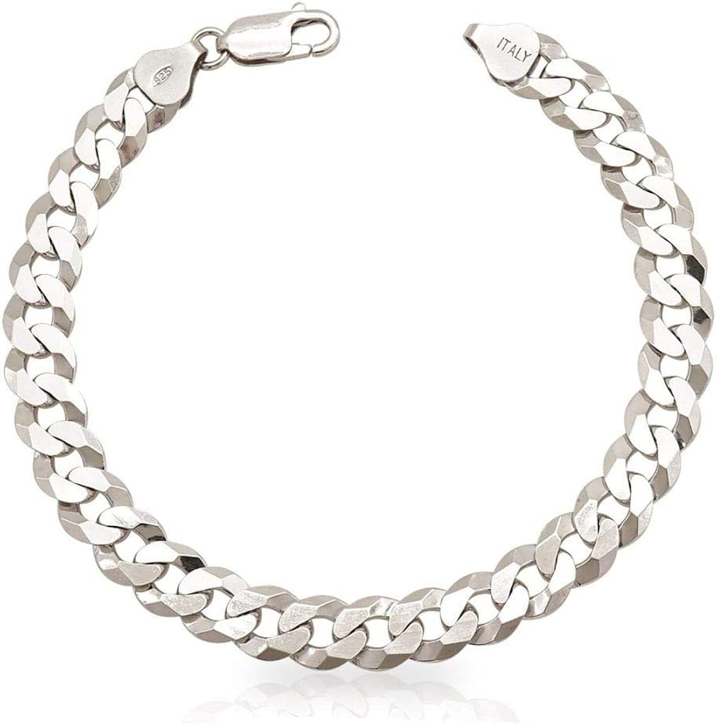 Sterling Silver Cuban Link Bracelet For Men, 925 Sterling Silver Flat
