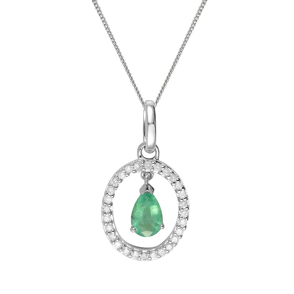 Ivy Gems 9ct White Gold Emerald & Diamond Open Drop Pendant & Fine Gauge 18" / 46cm Chain