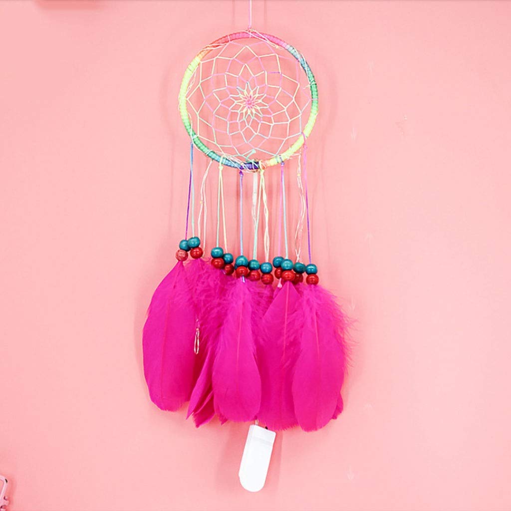 PDGJG Girl Heart Dream Catcher with Light National Feather Ornaments Lace Ribbons Feathers Wrapped Lights Dreamcatcher Wind Chimes