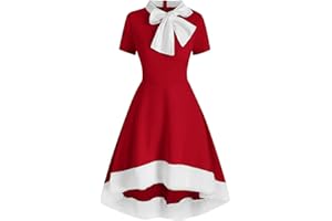 LMSXCT Womens Christmas Midi Dresses Short Sleeve Tie Neck High Low Dress Mrs Santa Claus Costume Cosplay Outfits Party Dress