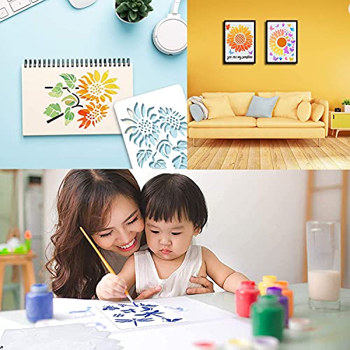 Sunflower Stencil, 11 Pcs A4 Size Reusable Butterfly Sun Flower Stencils for Painting on Wood Canvas Bee Dragonfly Stencil Kit for Drawing on Walls DIY Mylar Template, 8.4 x 11 inch