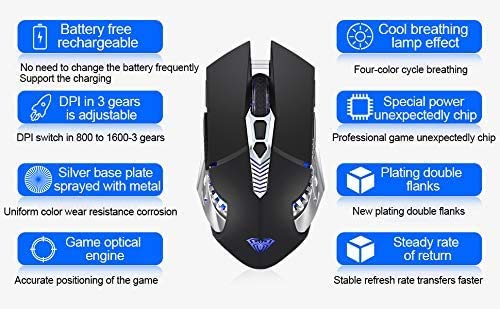 Bluetooth Mouse, Rechargeable Wireless Mouse with Side Button, Multi-Device(3-Mode:BT5.0/3.0 + 2.4Ghz), 7 Color LED Lights, Ergonomic Gaming Mice for PC Computer Laptop Mac Tablet(Black - Mute)