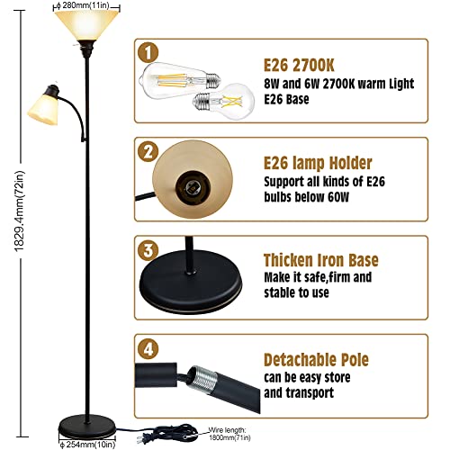 Floor Lamp, Standing Lamp, Torchiere Floor Lamp with 8W Main Light & 6W Adjustable Reading Lamp, Long Lifespan 2700K Eye-Caring Warm Lamps, 72\