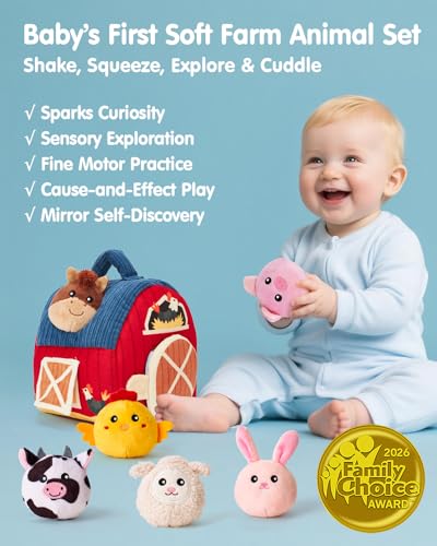hahaland Montessori Baby Toys 6-12 Months - Surprise Barn with Stuffed Farm Animals Toys for Babies with Rattle & Mirror, Sensory Toys for Babies Boy Girl, Travel Toys for Toddlers 1-3