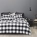 Wake In Cloud - Washed Cotton Duvet Cover Set, Buffalo Check Gingham Plaid Geometric Checker Printed in White Black and Gray, 100% Cotton Bedding, with Zipper Closure (3pcs, Queen Size)