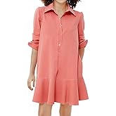 YEXPINE Women's Long Sleeve Denim Shirt Dress Button Down Ruffle Flowy Collared Mini Shift Drop Waist Jean Dresses