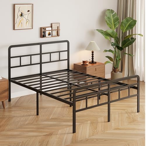 Yicensen Base Cama Matrimonial con Cabecero y Piecero, Base Matrimonial de Metal de 46 cm de Altura con Listones Resistente, Espacio de Almacenamiento Debajo de la Cama, sin Ruido, Negro