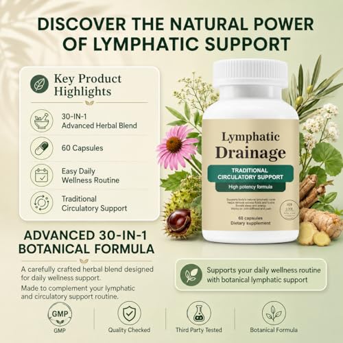 Lymphatic Drainage Capsules, Lymphatic Drainage for Immune, Cleanse & Detox, Reduce Swelling, Formula with Liver Health with Dandelion, Echinacea,Elderberry,Cleavers Herb,Burdock,Non-GMO (60 Capsules)