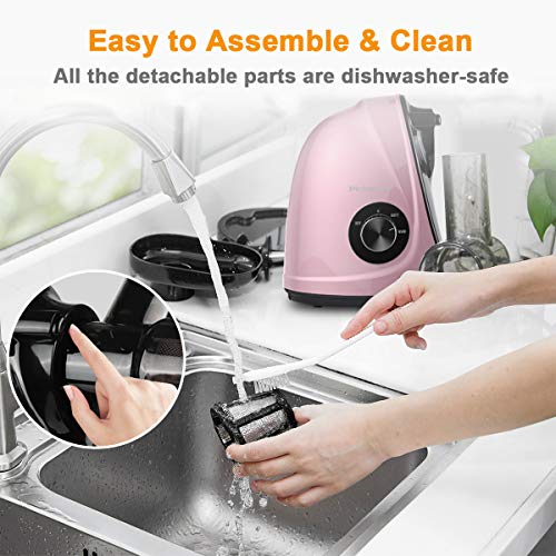Juicer Machines, Picberm PB2110V Slow Masticating Juicer Extractor with Quiet Motor Easy to Clean, BPA-Free Cold Press Anti-clogging Juicer with Peeler, Brush & Recipes for Fruits and Vegetables, Rose Gold - Thumbnail 2