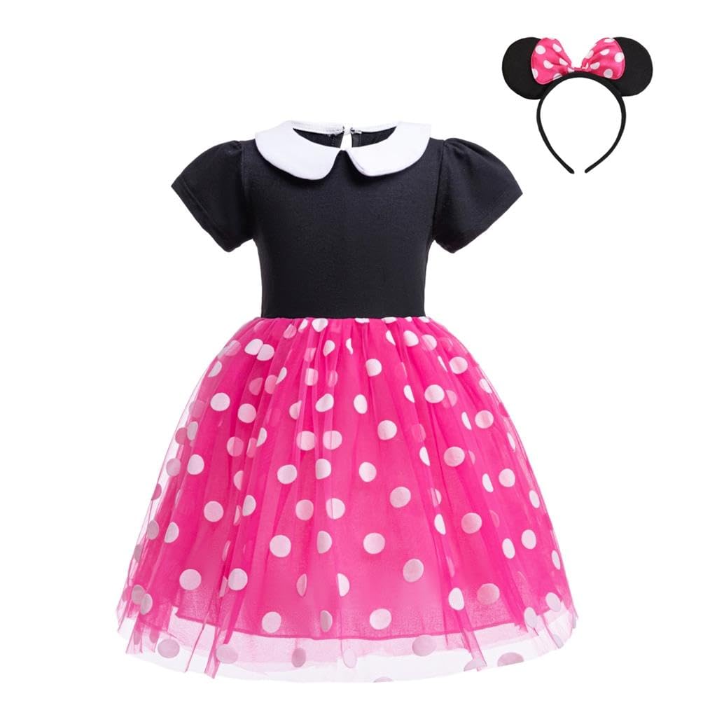 Lito Angels Minnie Fancy Dress Up Costume with Mouse Ears Headband Mini Polka Dots Tulle Skirt Outfit for Little Kids Girls Age 5-6 Years, Hot Pink (Tag Number 130)