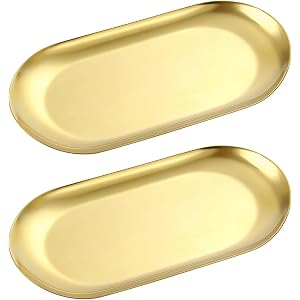 2 Pcs 7" Stainless Steel Decorative Tray Oval Jewelry Dish Cosmetics Organizer Bathroom Vanity Serving Platter Small Storage