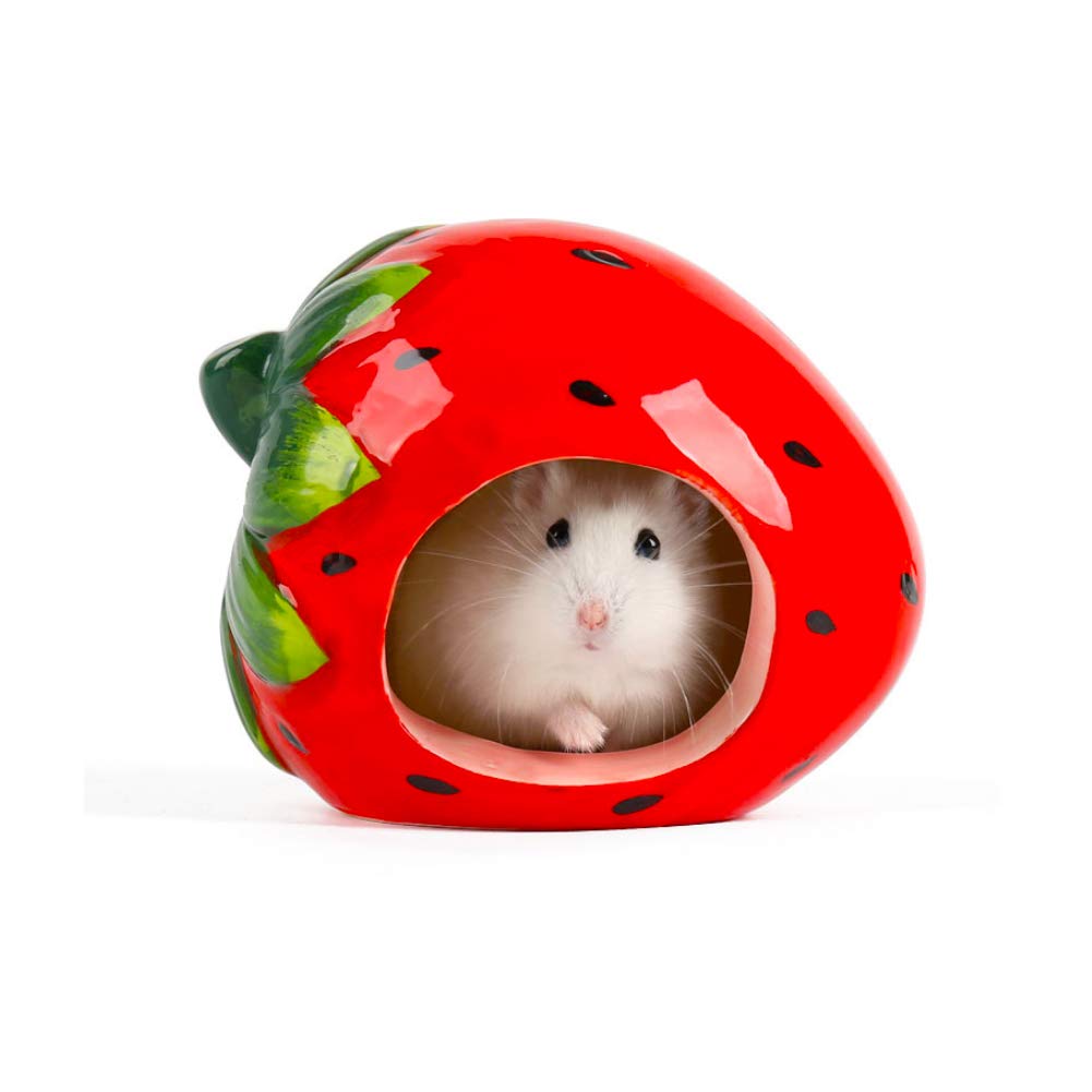 LaMure Ceramic Hamster House Cartoon Cute Fruit Shape Hamster Cave Summer Cool Off Winter Keeping Warm Small Animal Nest Habitat (strawberry)