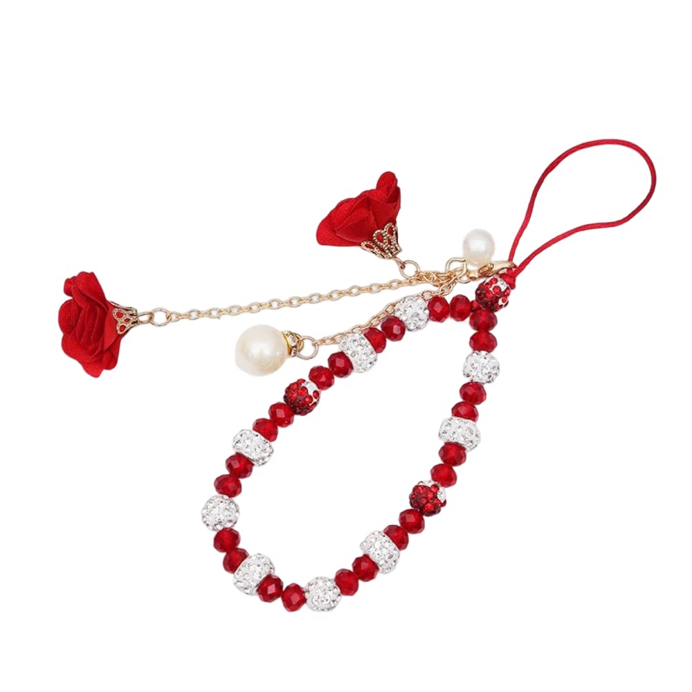 COLORFUL BLING Phone Charm String Beaded Phone Chain Strap Crystal Flower Pendant Charm Lanyard Accessories for Women Girls - Red