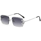FLJMRAVER Retro Rimless Rectangle Sunglasses for Men Women Luxury Frameless Square Trendy Shade Diamond Cutting Eyewear