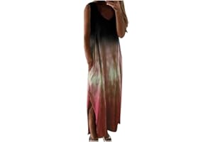 WILLISOS Women's Casual Loose Sundress Long Dress Sleeveless Tie Dye Split Maxi Dresses Summer Beach Dress with Pockets