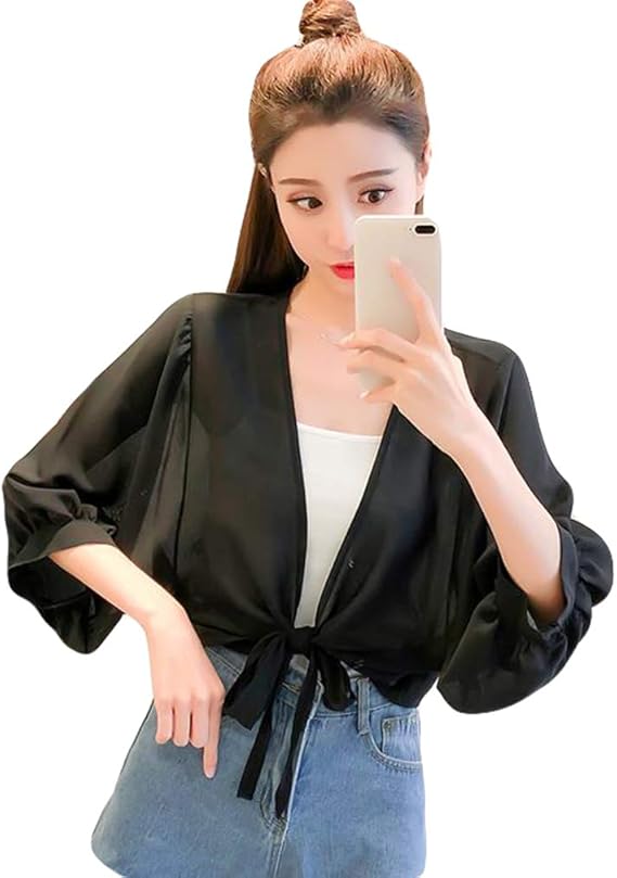 Amazon Ptorボレロ レディース カーディガン シフォン 五分袖 Uvカット 羽織り 日焼け止め 前結び かわいい ショール カジュアル 冷房対策 トップス 夏 紫外線対策 カーディガン ボレロ 通販