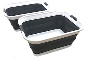 SAMMART 42L(11 gallon) Set of 2 Collapsible Plastic Laundry Basket-Foldable Pop Up Storage Container-Portable Washing Tub-Space Saving,Water capacity 34L(9 gallon) (2 rectangular - strengthen, black)