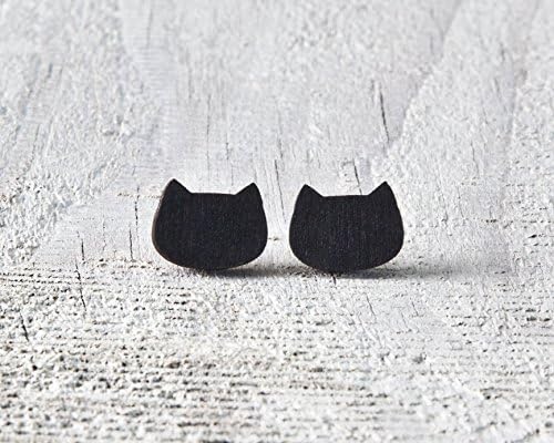 Black Cat Earring, Wood Stud Earrings, Cute Ear Studs