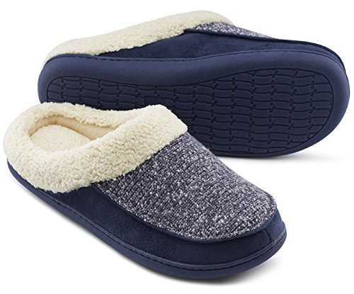 HomeTop Men s & Women s Comfort Memory Foam Slippers Fuzzy Wool Plush Slip-On Clog House Shoes w/Indoor & Outdoor Sole,40-41 (US Men s 7-8; Women s 9-10),Navy Blue
