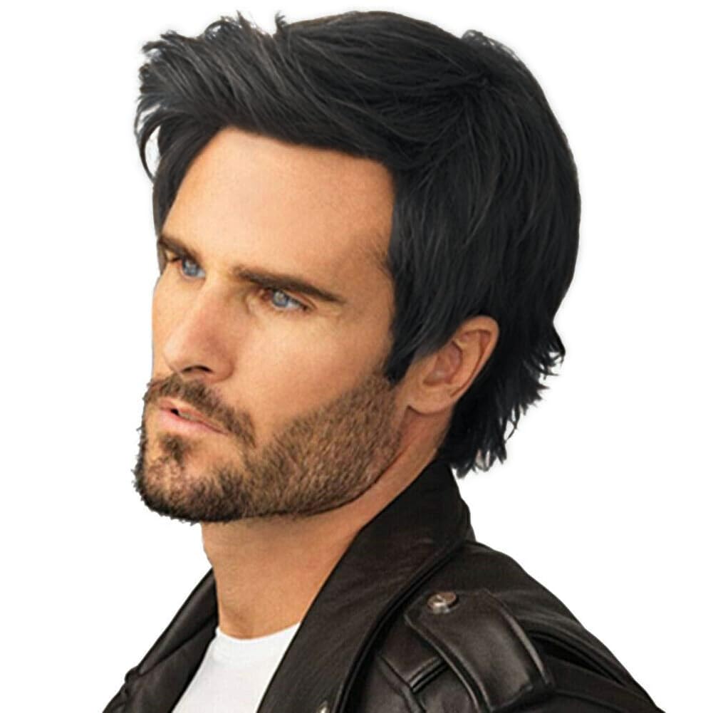 Photo 1 of Kaneles Men Black Short Wigs Natural Layered Fluffy Synthetic Wig for Daily Halloween Male Wigs(Black)