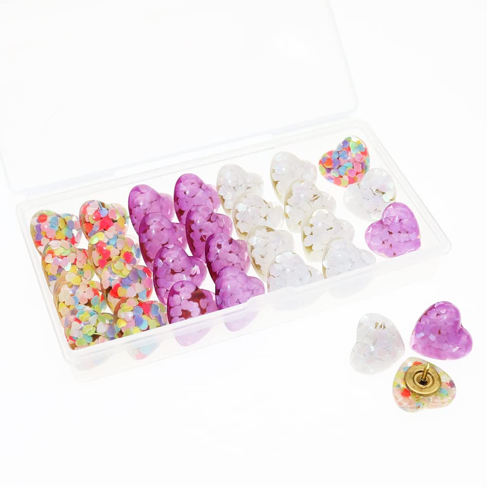 BITEYI Heart Sequin Push pins,30 Pcs Cute Heart Amber Thumbtacks Decorative Pushpin for Photos Wall,Maps,Bulletin Board,Cork Boards(Mixed color)
