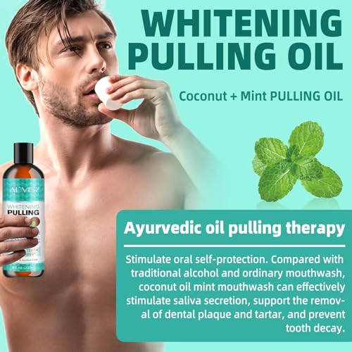 Pulling Oil with Coconut & Peppermint Oil-Mouthwash for Oral Care-Teeth Whitening and Fresh Breath, Organic Essential Oils Mouthwash With Tongue Scraper Alcohol-Free, Treatment for Gums-8 Fl.Oz