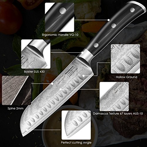SKY LIGHT Damastmesser Santokumesser Damaskus Küchenmesser 67-Schicht Hand Gefertigt 7-Zoll, Japanischem Damaststahl AUS10V High Carbon Edelstahl w/Mantel
