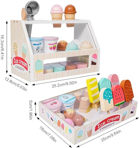 Beauenty Ice Cream Counter Playset for Kids, Montessori Pretend Play Food Toys Kitchen Accessories Wooden Popsicle Set with Scoop & Fake Cash, Ice Cream Shop Toys Toddler Learning Toy for Kids