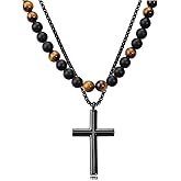 Jovivi Mens Necklace Set 2pcs Matte Black Agate Tigers Eye Gemstone Beaded Healing Crystal Necklace Stainless Steel Cross Pendant Necklace for Men Meditation Jewelry