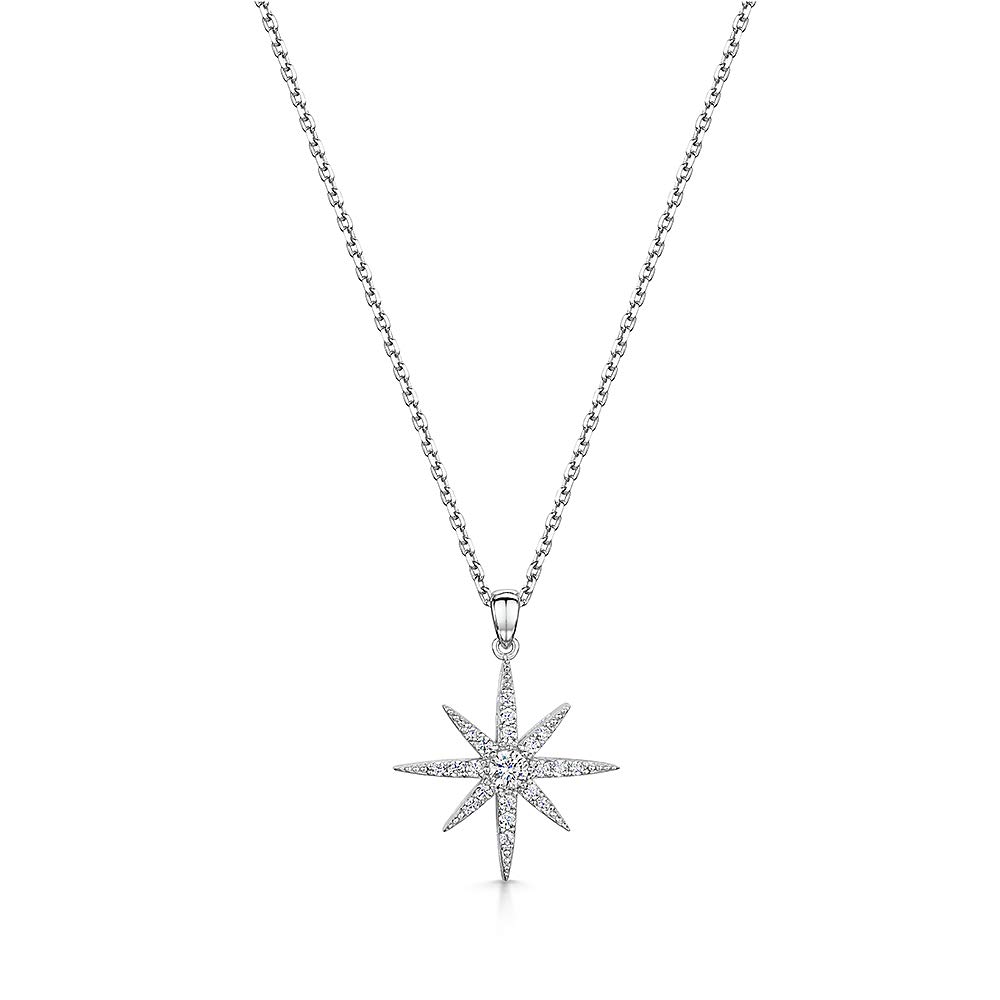JOOLS by Jenny Brown - Sterling Silver Small North Star Pendant Necklace - Set With Brilliant Round And Princess Cut Cubic Zirconia Stones - Platinum Finished, Tarnish Free