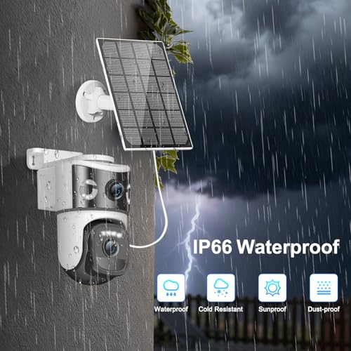 4K Dual Lens Solar Security Cameras Wireless Outdoor, 2.4G WiFi Camera Eurveillance Exterieur, 360° PTZ Solar Powered Security Camera with Color Night Vision, PIR Sensor, Spotlight Siren, 2-Way Audio
