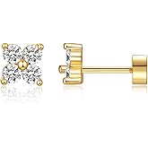 Flat Back Earrings for Women Trendy 14K Gold Plated CZ Studs Dainty Small Flatback Stud Earrings, Hypoallergenic Cartilage Tragus Piercing Screw Back Earrings Gold Jewelry Christmas Gift for Her