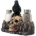 Bone Chilling Raven on Human Skull Salt and Pepper Shaker Set with Decorative Display Stand Figurine for Scary Halloween Decorations or Medieval & Gothic Kitchen Table Decor As Spooky Fantasy Gifts