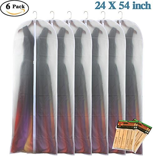 Clear White Garment Bag 24'' x 54'' Clear Breathable Moth Proof Lightweight Dust Bags with Natural Camphor Strips for Long Wedding Dress Clothes ( Pack of 6 )