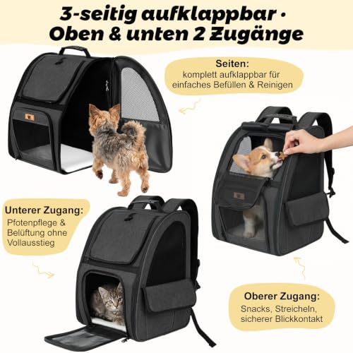 Aystkniet Cat Backpack & Dog Backpack up to 6 kg, Large Pet Transport Bag with 270° Ventilation, 3 Openings, Foldable, Breathable for Travel, Hiking, Plane & Veterinarian
