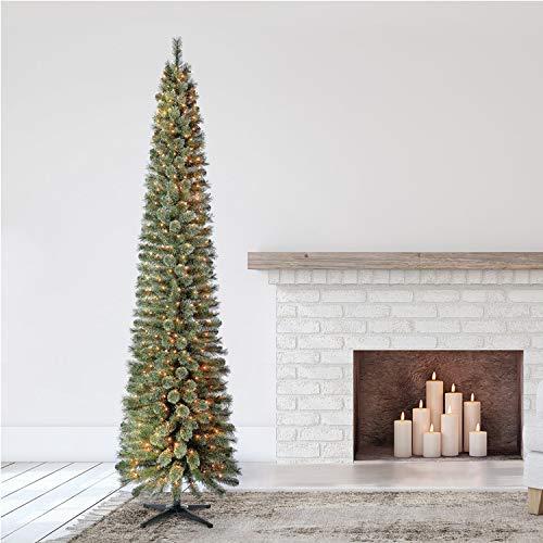 Home Heritage 9 Foot PreLit Skinny Artificial Stanley Pencil Pine Christmas Tree with Clear