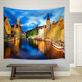 Night View of Canal in Bruges - Fabric Tapestry, Home Decor - 51x60 inches