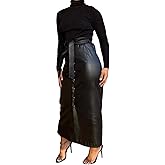 OLAMIOSO Faux PU Leather Maxi Long Skirt with Belt, Women Button Down Slit Skirt