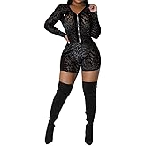 Uni Clau Women Sexy Mesh Patchwork Short Jumpsuit See Through V Neck Outfits Long Sleeve Velvet Club Bodycon Rompers