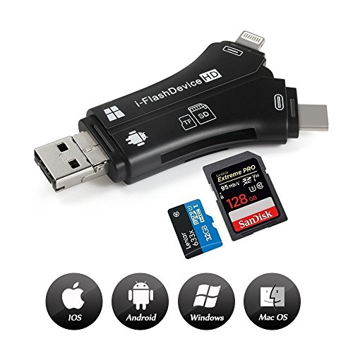 Card Reader, 4 in 1 i-Flash Device Adapter for iPhone, iPad, PC, Mac, Android, Trail Game Camera Viewer for Micro USB 2.0 OTG Port Reading SD & TF Cards