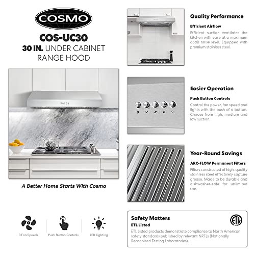 COSMO UC30 30 in. Ducted Under Range Hood, Kitchen Over Stove