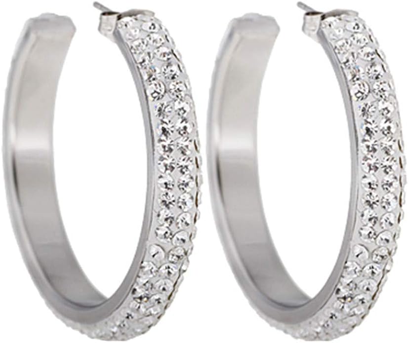 Mnory Women's Swarovski Round Diamond Hoop Earrings Titanium
