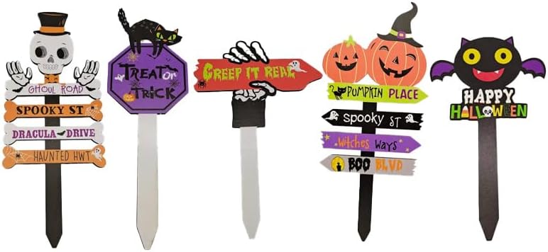 Yard Signs - JDS (5 Pack) Halloween Themed Lawn, Patio, or Garden Assorted Outdoor Decoration and Party Supplies - Waterproof Spooky Signs - (Skull, Skeleton Hand, Pumpkin, Bat, and a Cat.)