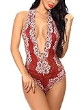 Womens Teddy Lingerie Lace One Piece Deep V Halter Babydoll Bodysuit