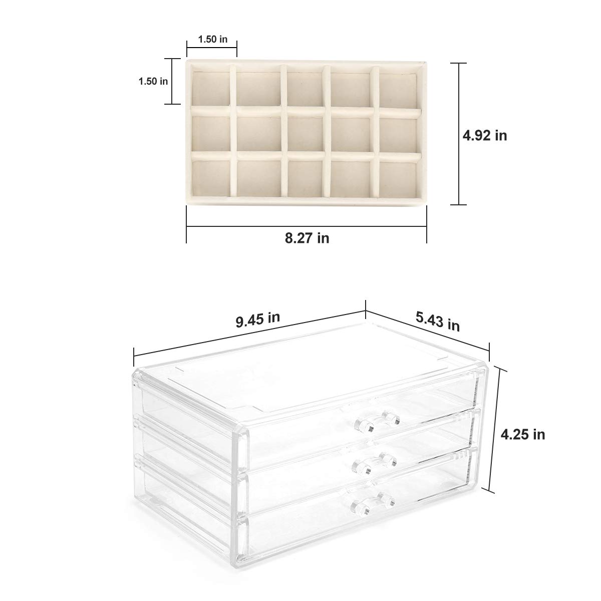 FEISCON Acrylic Jewelry Organizer Makeup Cosmetic Storage Organizer box Clear Jewelry Case with 3 Drawers Adjustable Jewelry Box Velvet Trays grid size