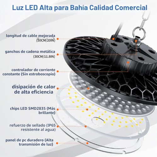 TOPAUBUB 200W UFO LED Interior Ceiling Spotlights, 4 Pieces, LED Ceiling Lamps 20000LM IP65 6500K with Metal Chain 30 cm, Driver, Industrial Spotlight for Garage